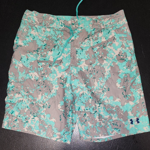 Under Armour Teal and Gray Patterned Swim Trunks - Picture 1 of 3